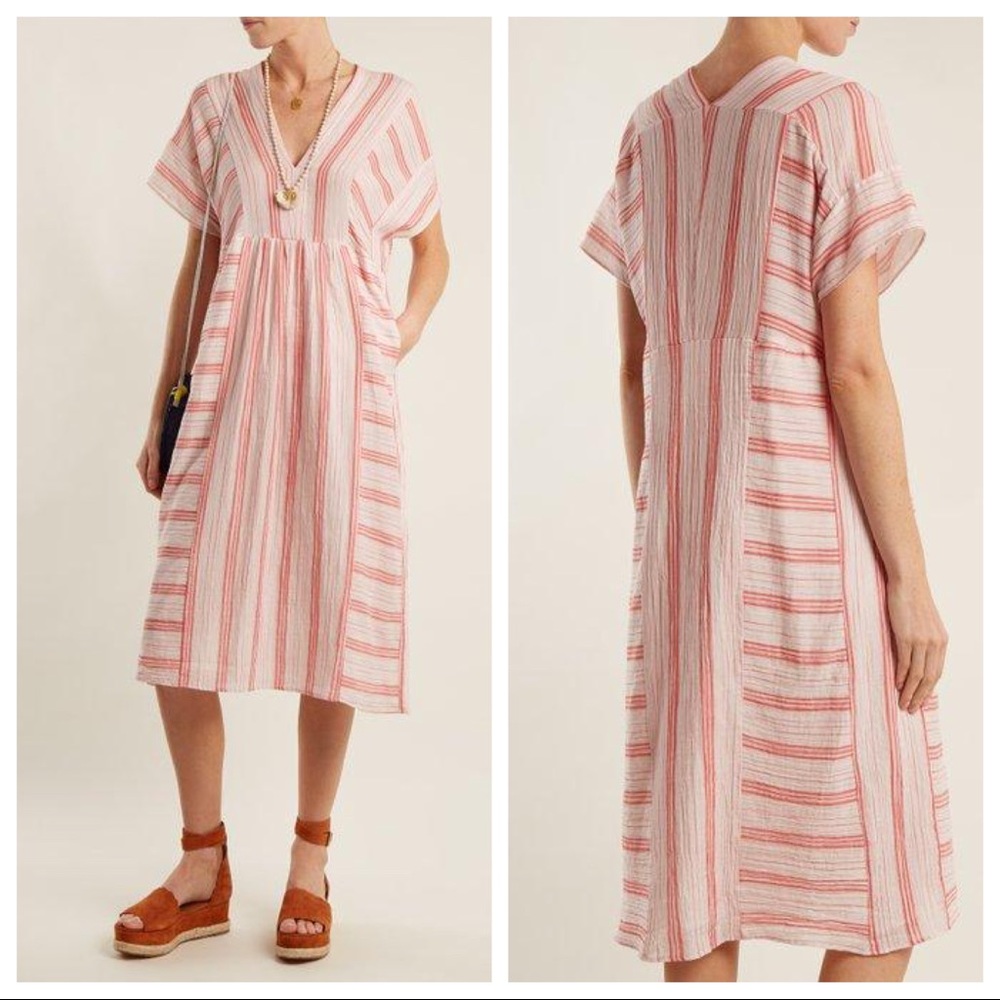 MASSCOB V-neck Striped Cotton Dress In Pink Stripe